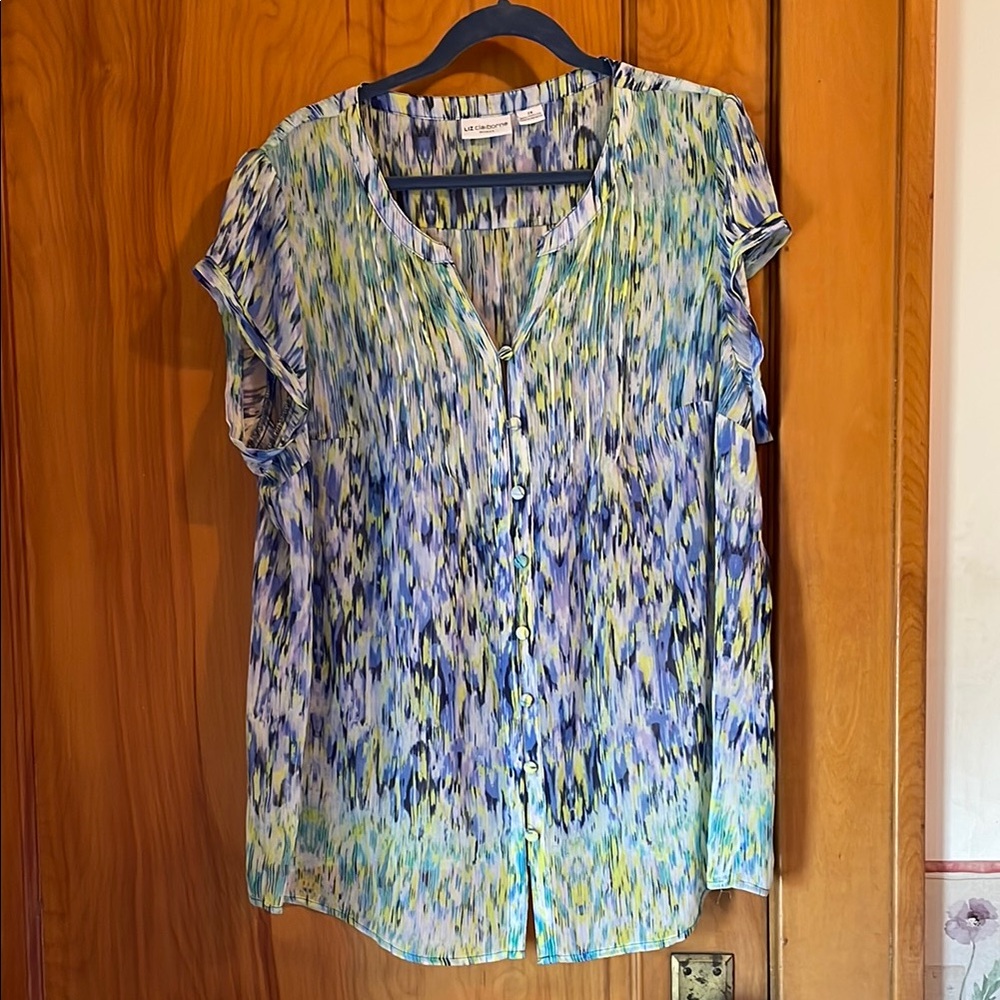 Liz Claiborne Blue and Green Cap Sleeve Blouse